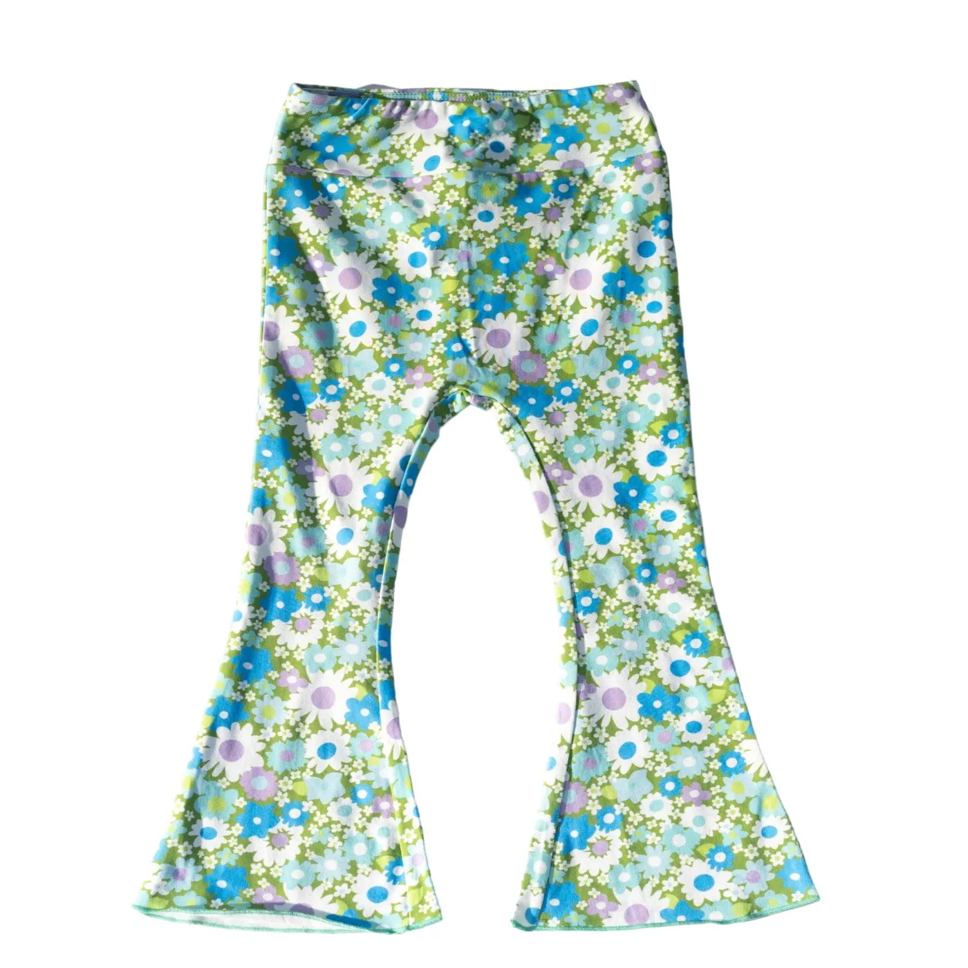 Green And Blue Flower Power Jersey Knit Bell Bottoms For Babies, Toddlers And Girls