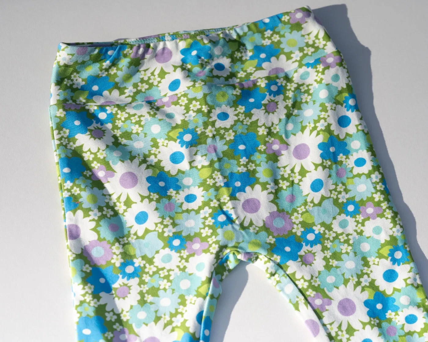 Green And Blue Flower Power Jersey Knit Bell Bottoms For Babies, Toddlers And Girls