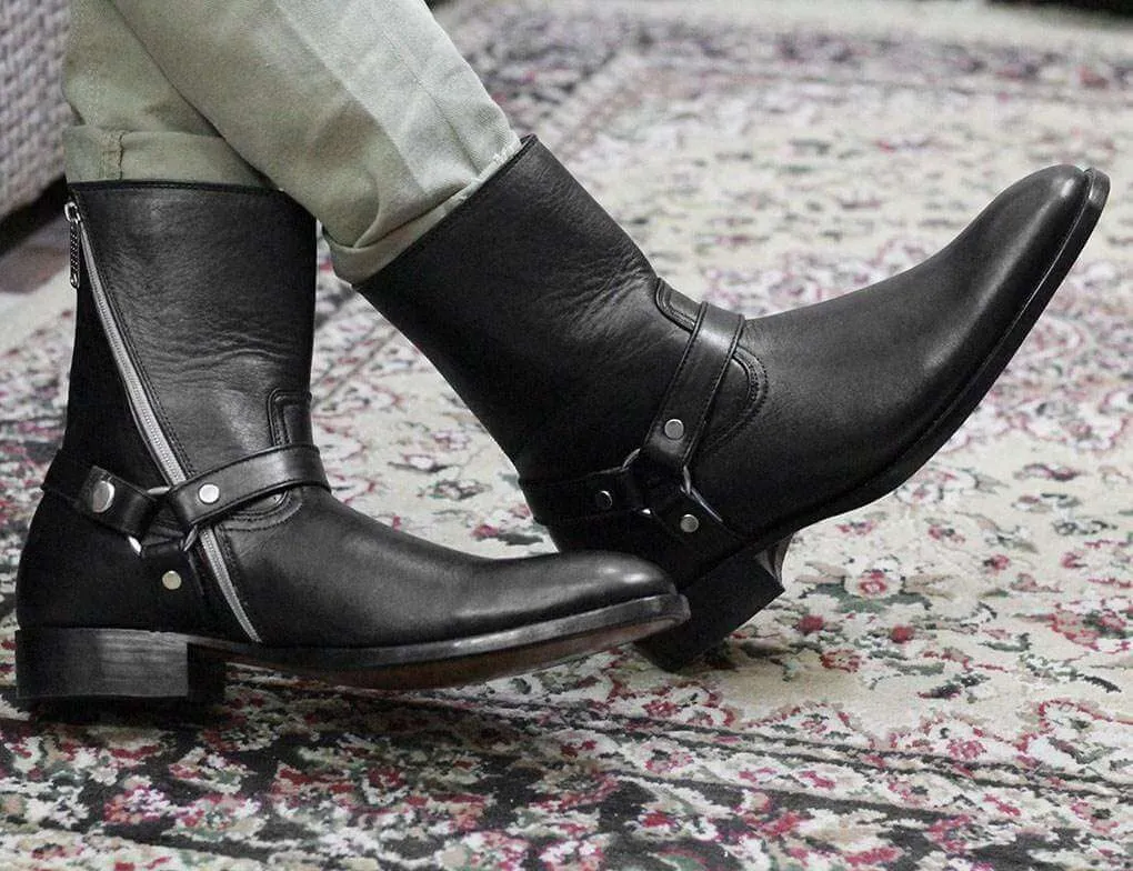 Handmade Black Ankle high Buckle Madrid Strap Boots