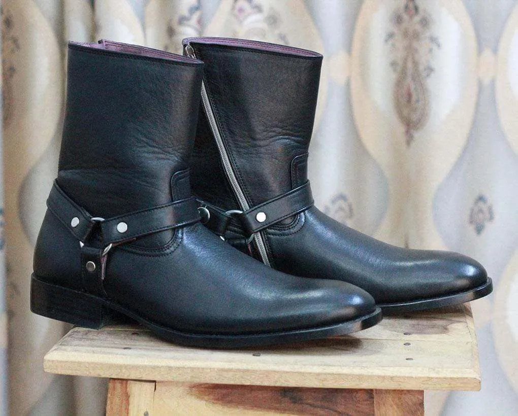 Handmade Black Ankle high Buckle Madrid Strap Boots