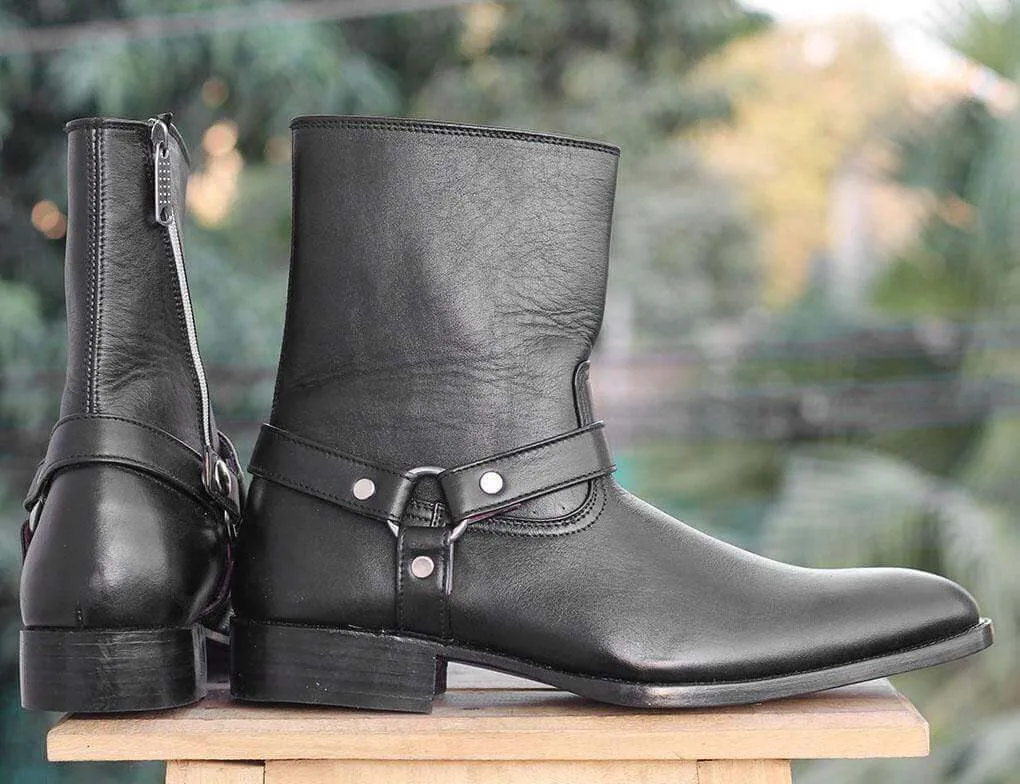 Handmade Black Ankle high Buckle Madrid Strap Boots