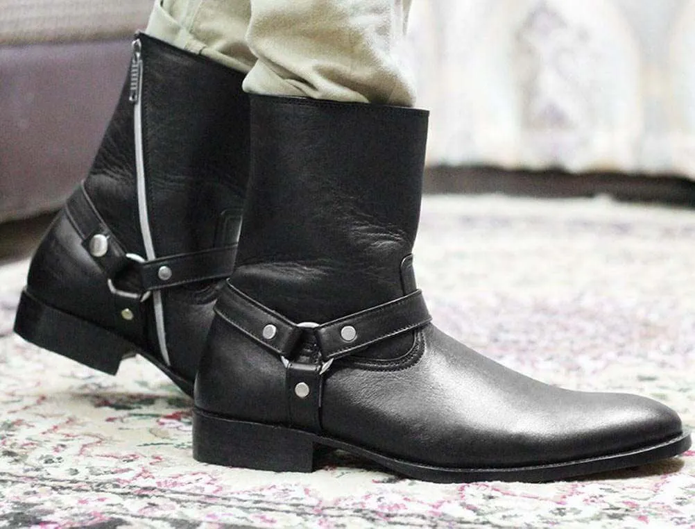 Handmade Black Ankle high Buckle Madrid Strap Boots