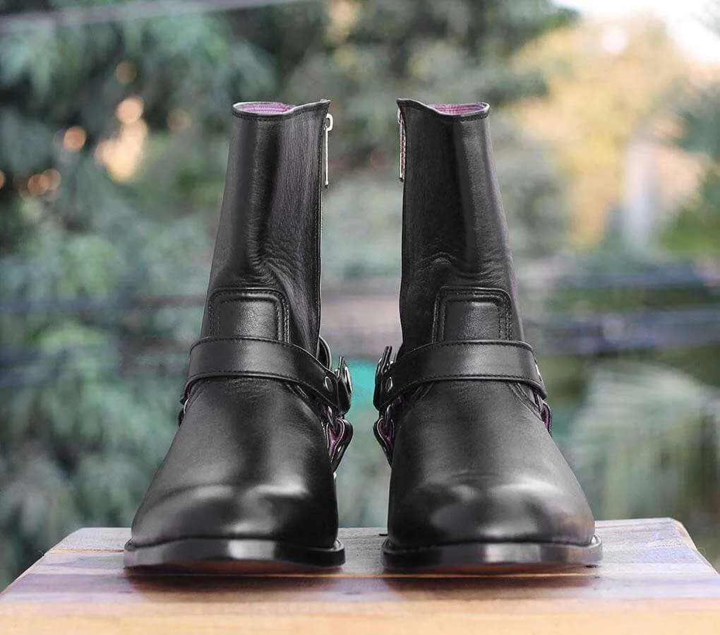 Handmade Black Ankle high Buckle Madrid Strap Boots