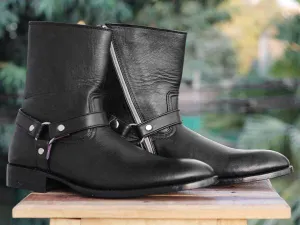 Handmade Black Ankle high Buckle Madrid Strap Boots