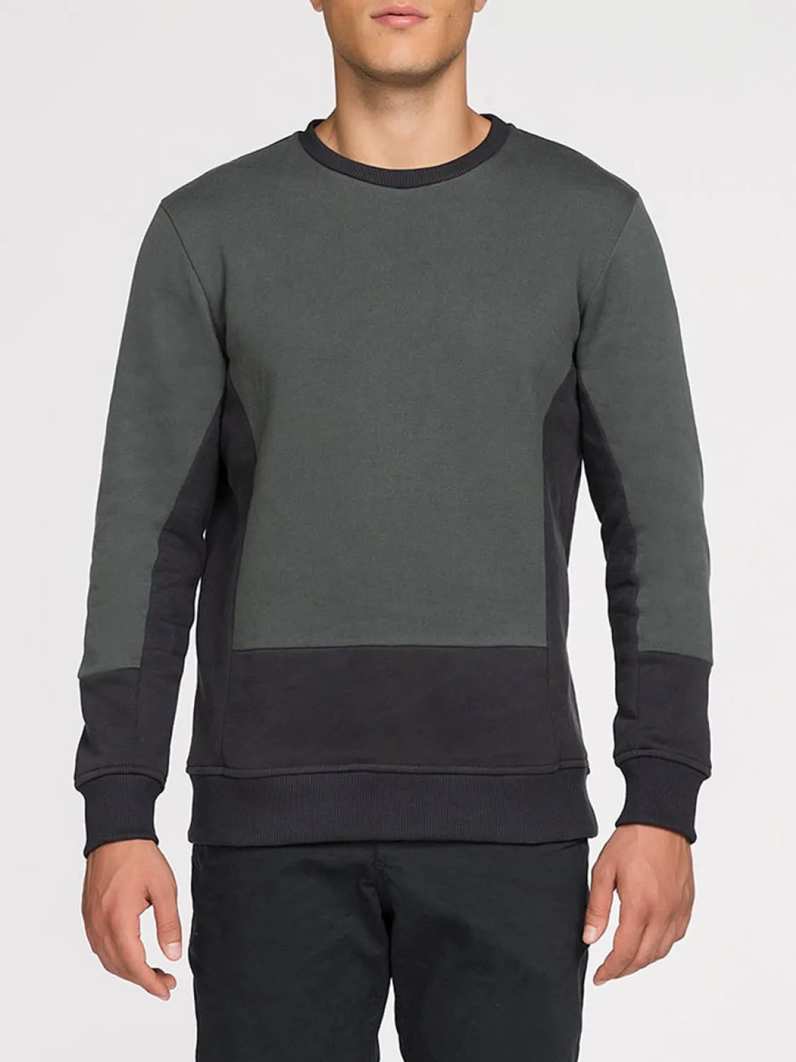 Horizontal Color Block Crew Neck Sweatshirt Khaki