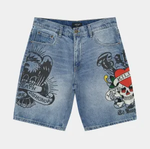 Love Kills Slowly Skater Denim Mens Shorts (Blue/Black)