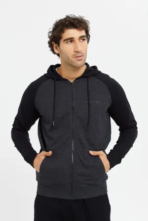 Men Charcoal And Black Raglan Hoodie Sweatshirt