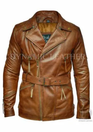 Men's Brown 3/4 Motorcycle Biker Long Cow Hide Leather Jacket