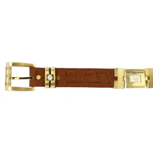 Mens Cognac Cowboy Dress Belt Crocodile Tail Print - Gold Links