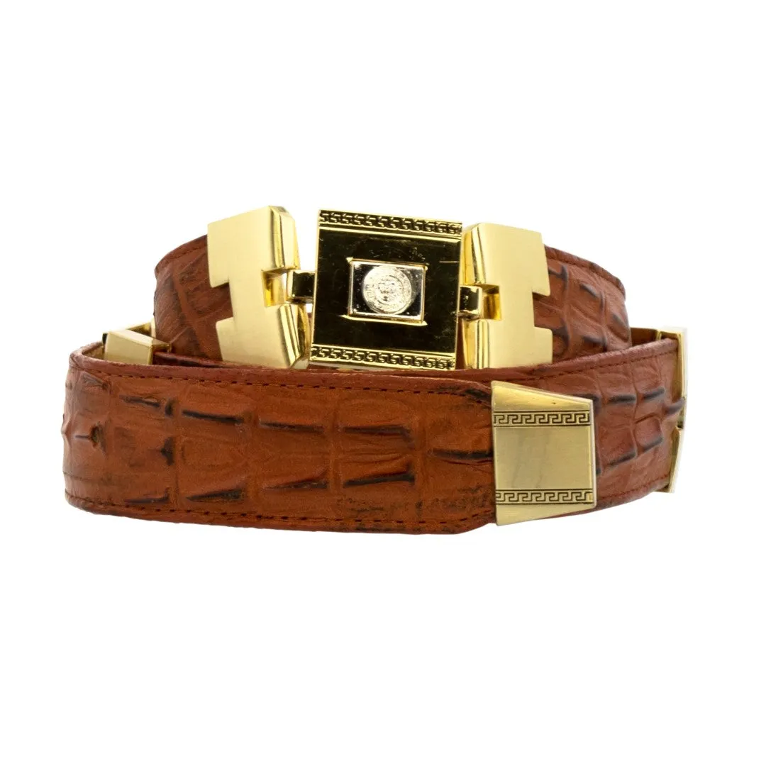 Mens Cognac Cowboy Dress Belt Crocodile Tail Print - Gold Links