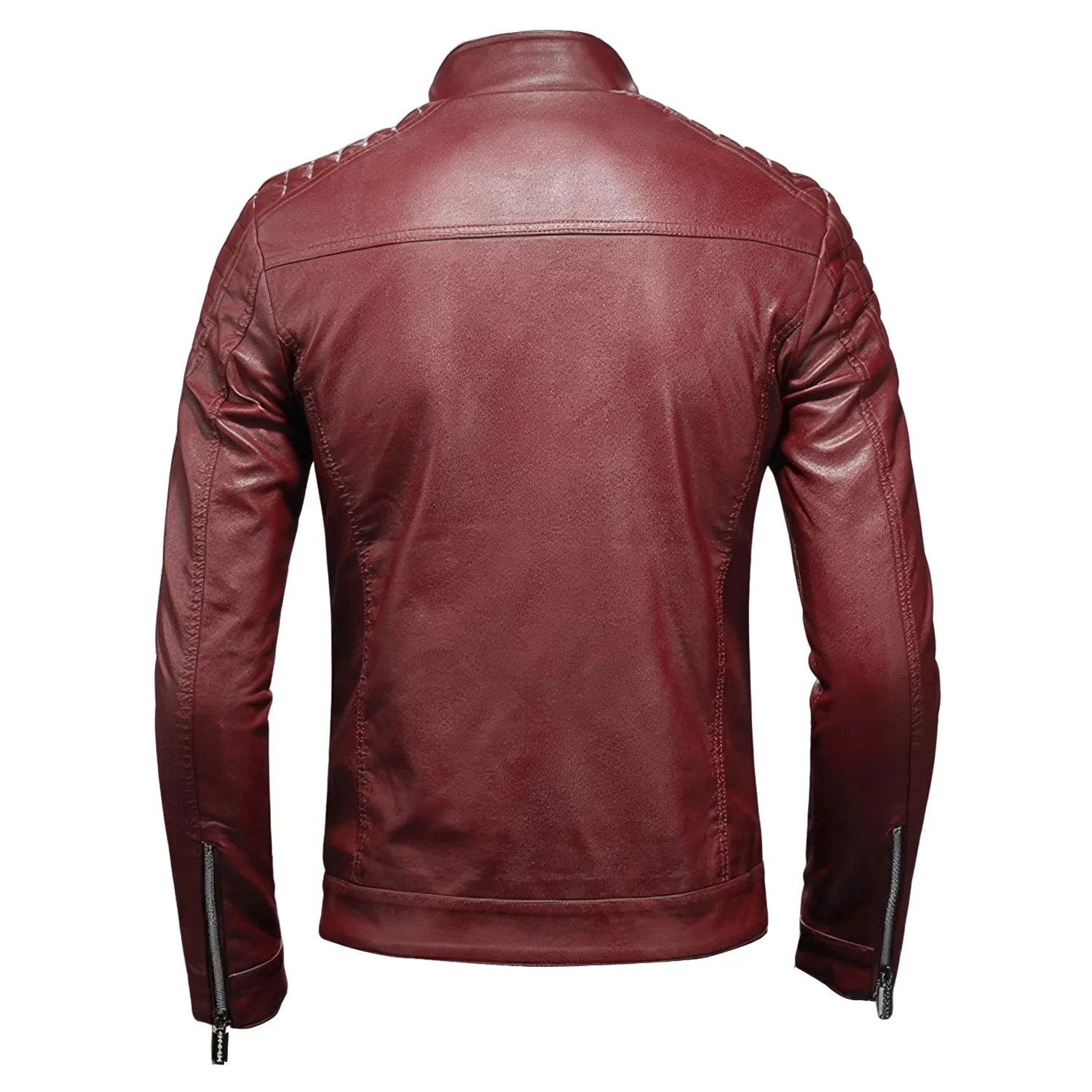 Men’s Red Biker Genuine Sheepskin Quilted Shoulders Smooth Scooter Café Racer Streetwear Slim Fit Leather Jacket