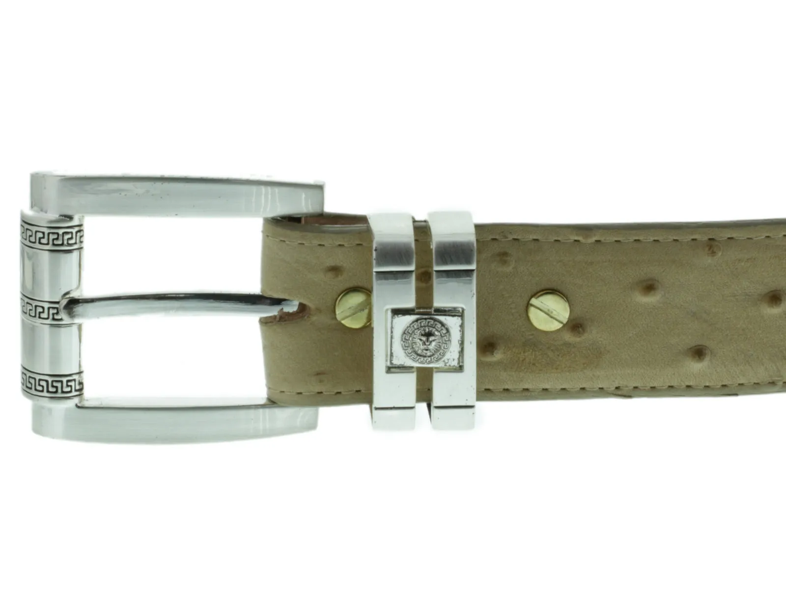 Mens Sand Cowboy Dress Belt Ostrich Quill Print - Silver Links