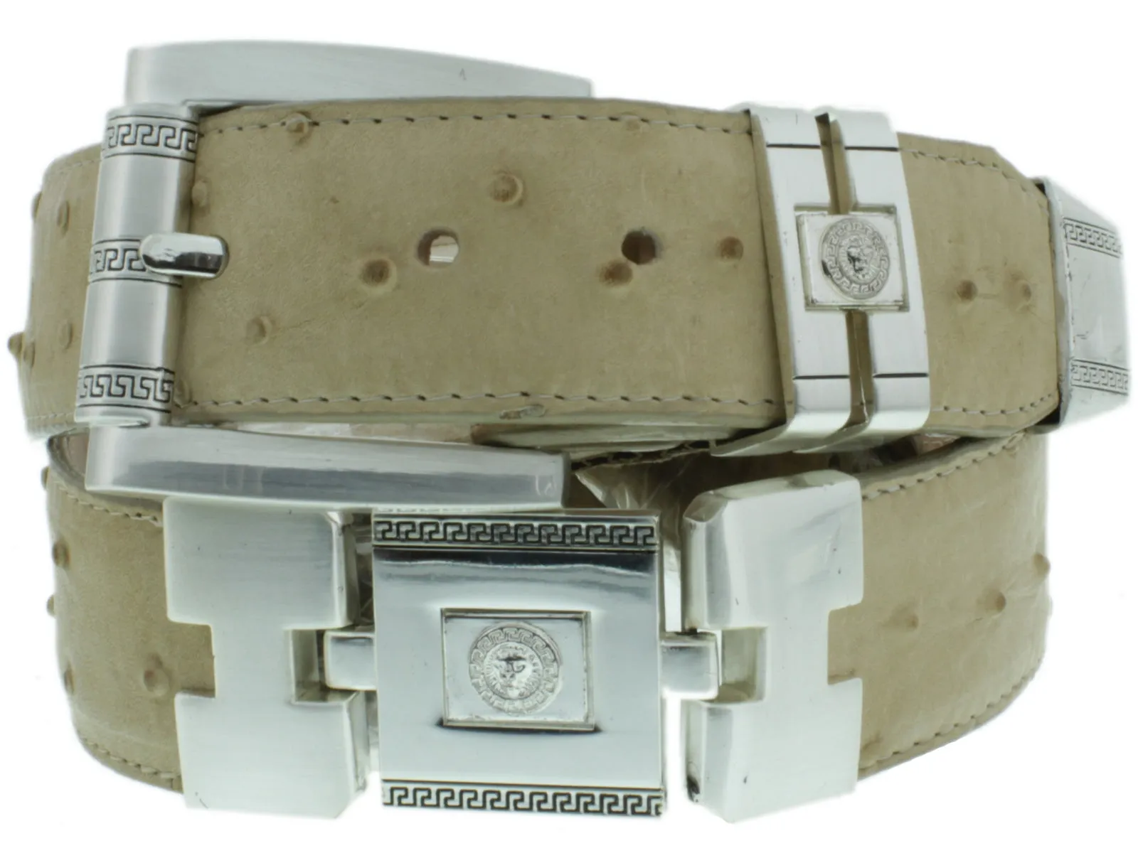 Mens Sand Cowboy Dress Belt Ostrich Quill Print - Silver Links