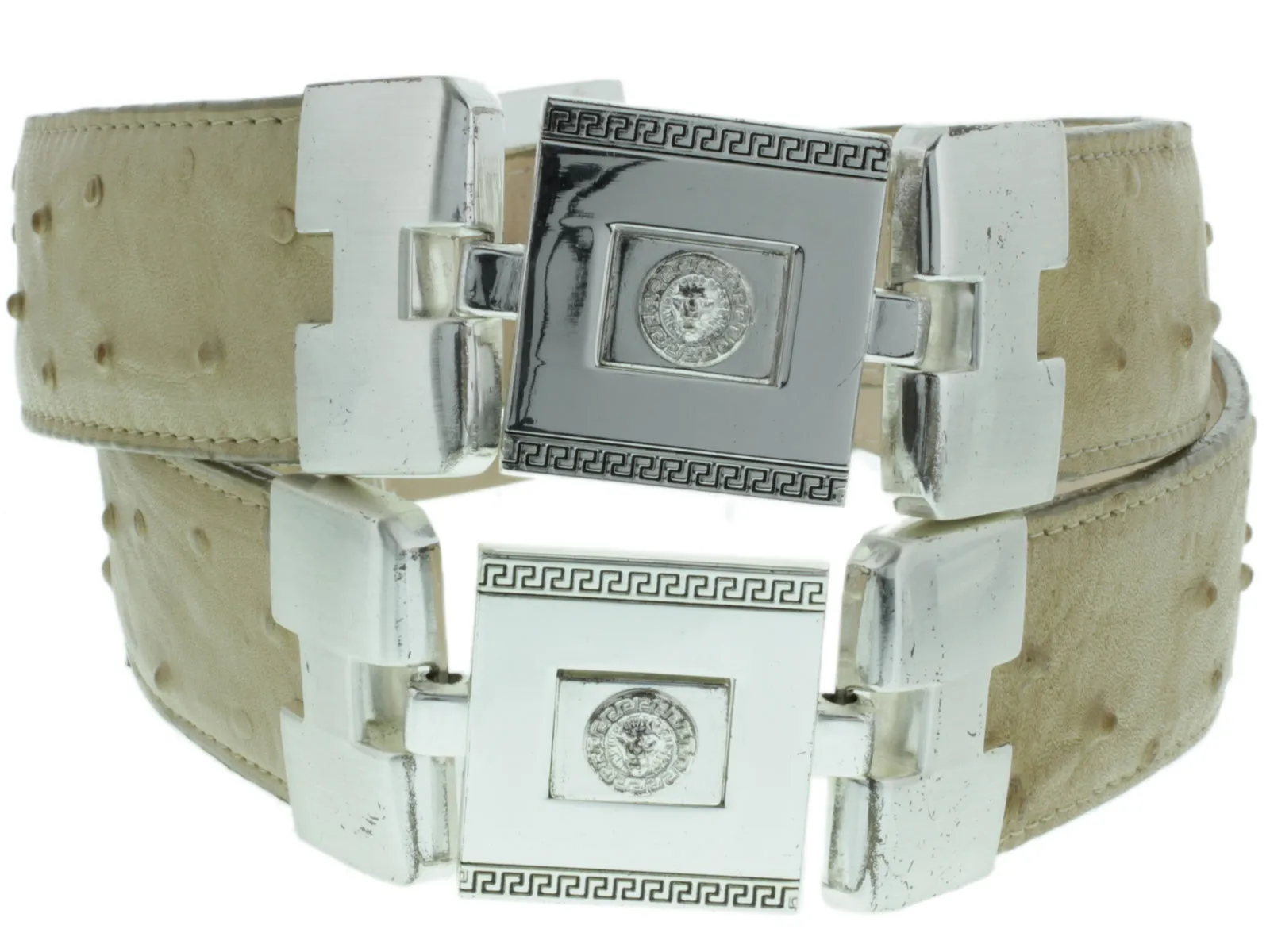 Mens Sand Cowboy Dress Belt Ostrich Quill Print - Silver Links