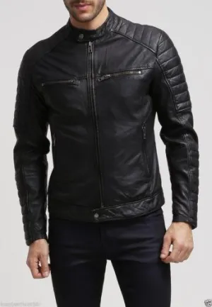 Men's Slim Fit Biker Motorcycle Style Retro Black Leather Jacket