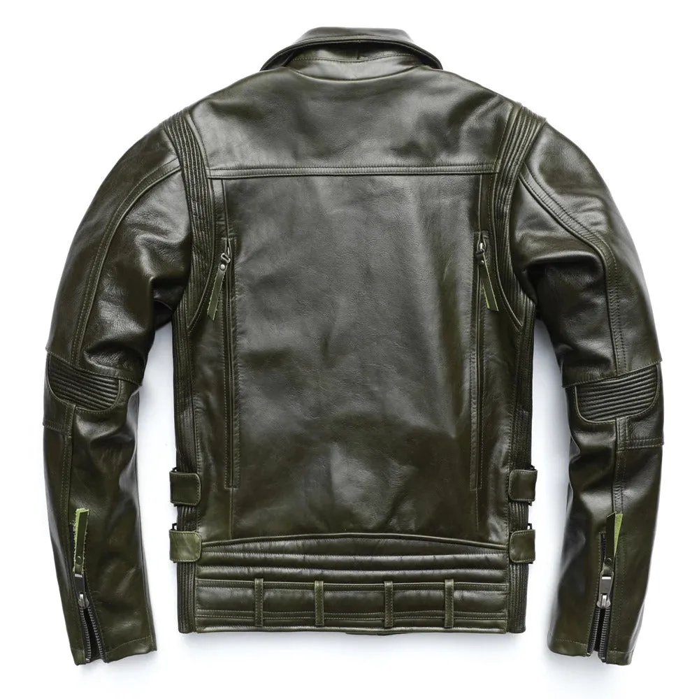 Men's Unique Army Green Motorcycle Jacket - 100% Oil Wax Cowhide Leather Biker Jacket