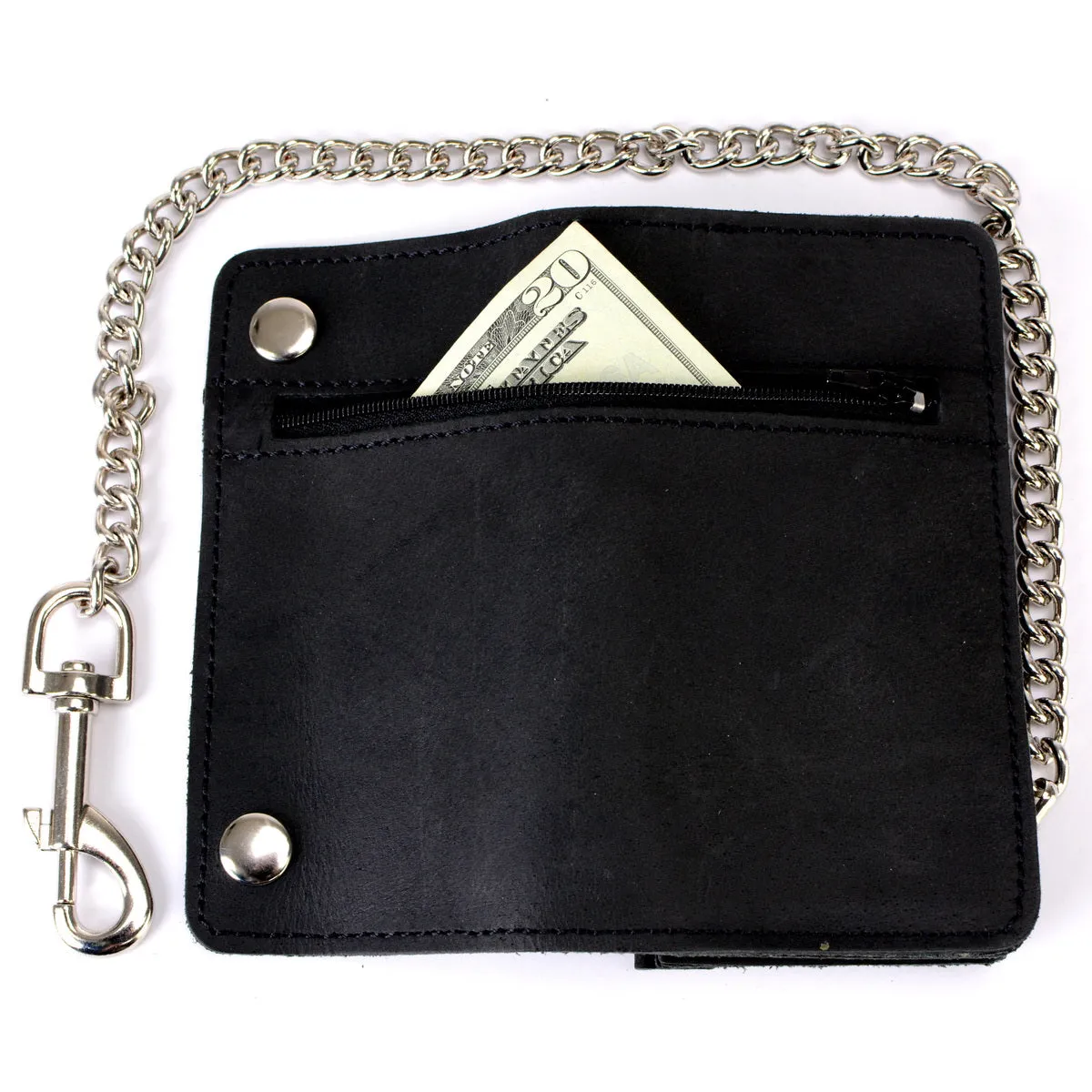 Milwaukee Leather MLW7890 Men's 6" Leather Bi-Fold Biker Wallet w/ Anti-Theft Stainless Steel Chain and Zipper Pocket