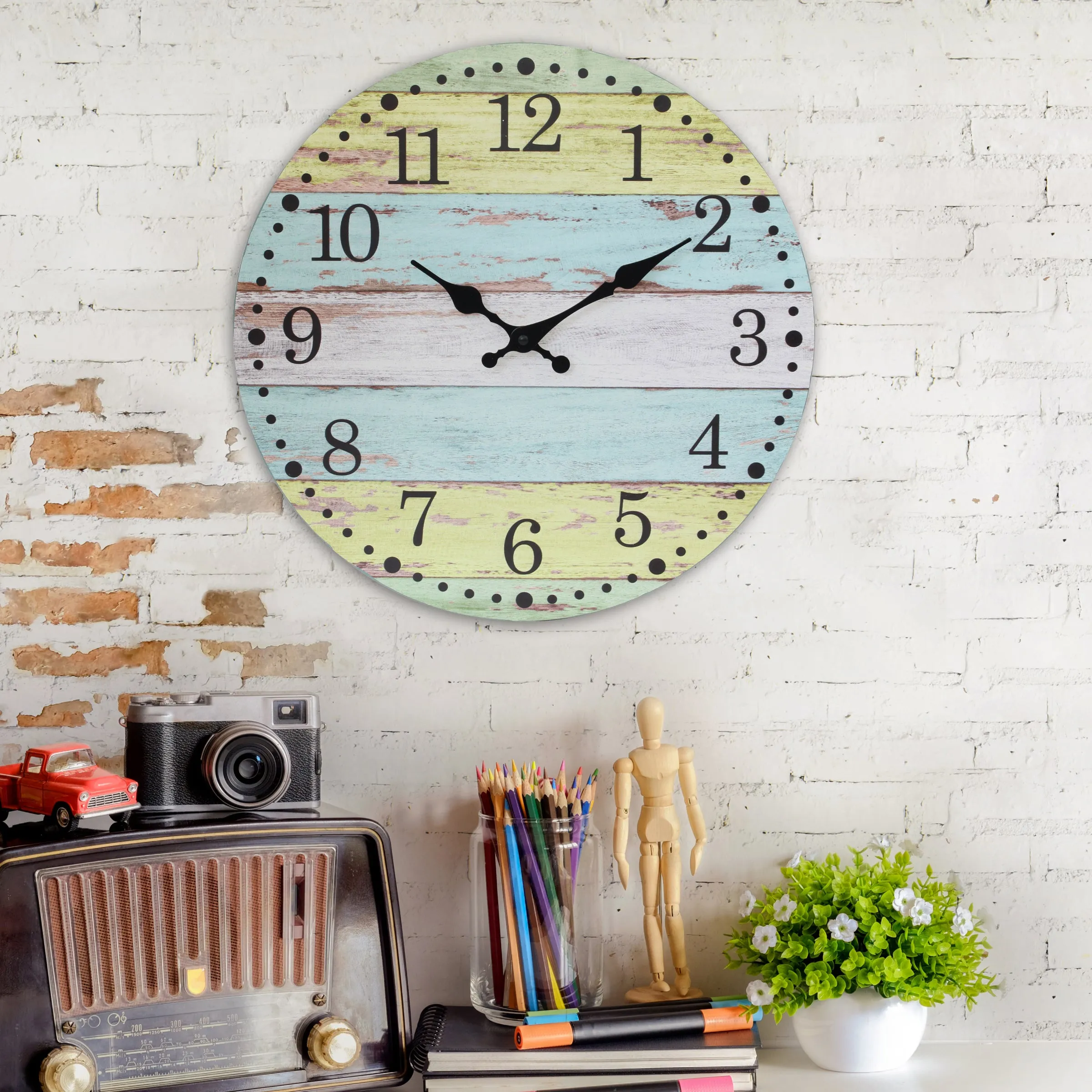 Multicolored Light Blue & Yellow Rustic Wood Wall Clock - 14 Inch