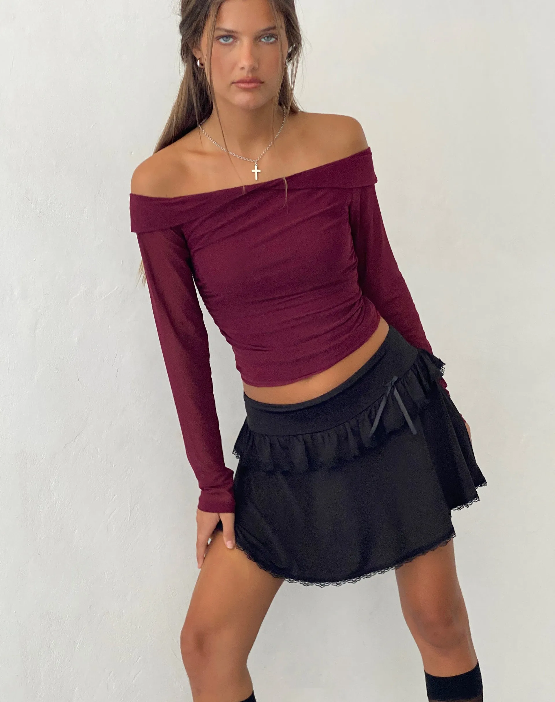 Nauri Mesh Bardot Top in Maroon