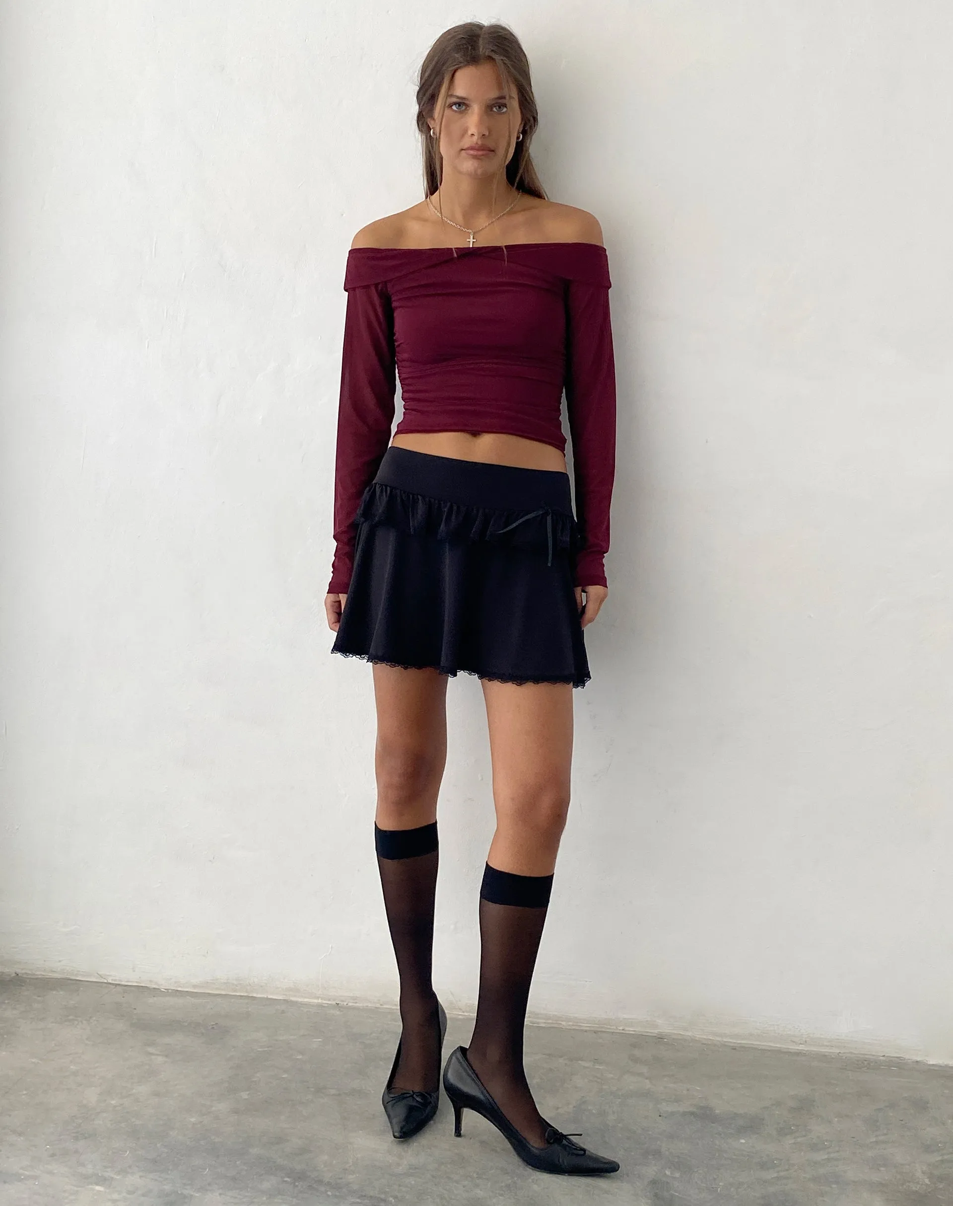 Nauri Mesh Bardot Top in Maroon