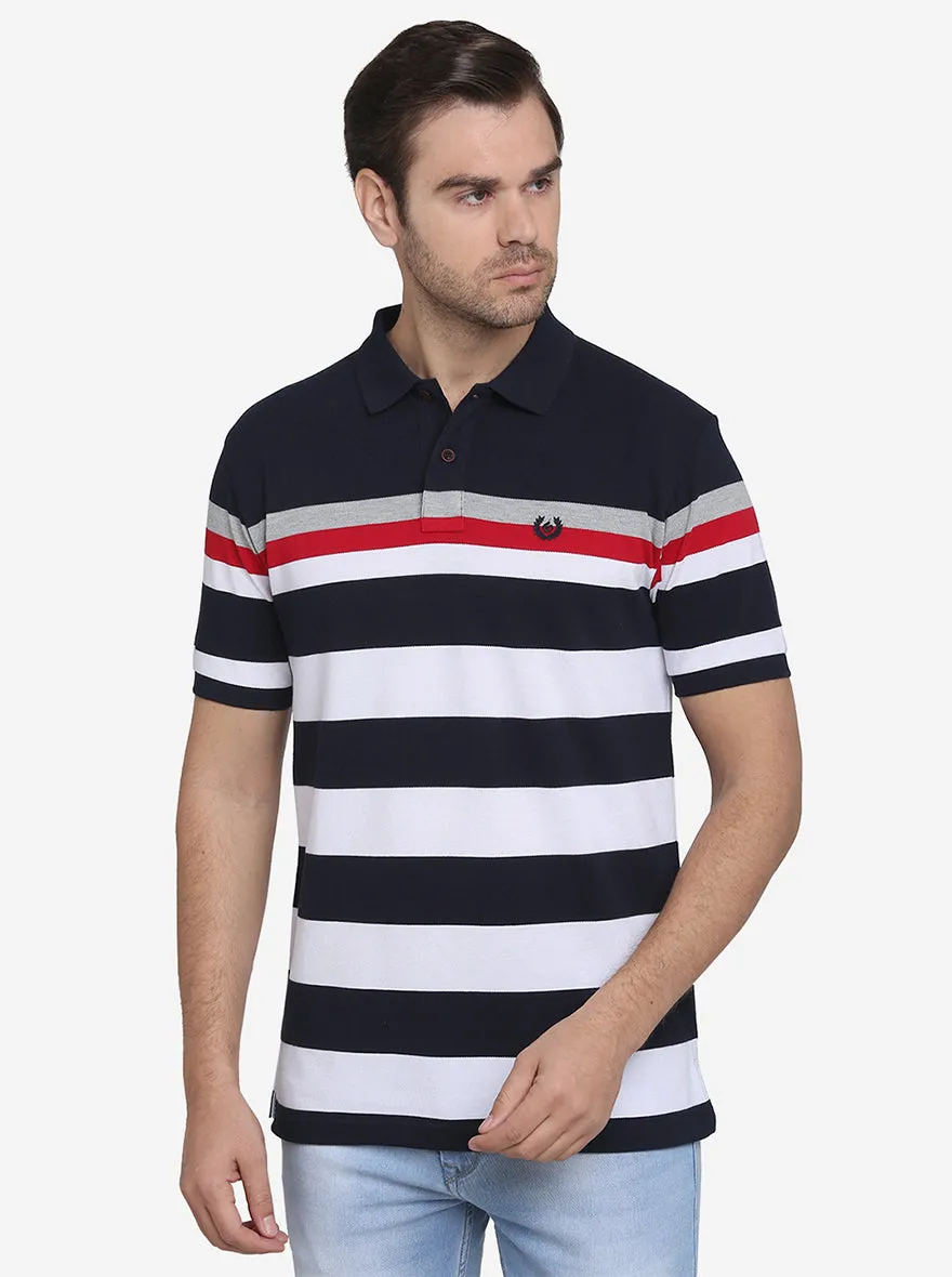 Navy Blue & White Striped Slim Fit Polo T-shirt  | Greenfibre