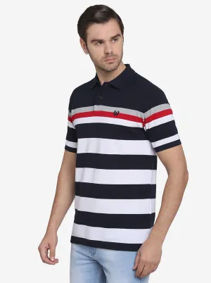 Navy Blue & White Striped Slim Fit Polo T-shirt  | Greenfibre