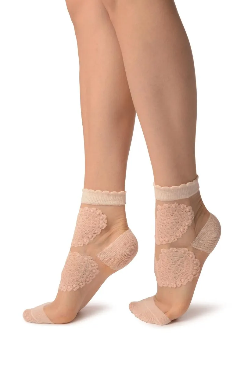 Peach Hearts On Invisible Mesh Ankle High Socks