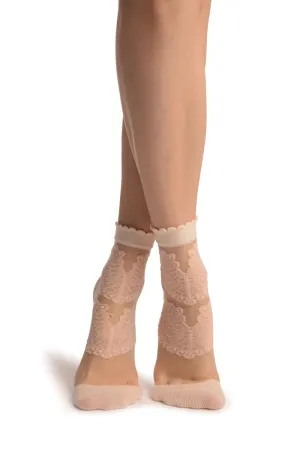 Peach Hearts On Invisible Mesh Ankle High Socks