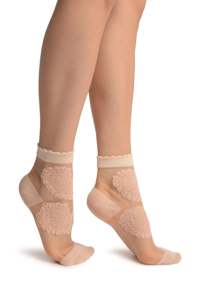 Peach Hearts On Invisible Mesh Ankle High Socks