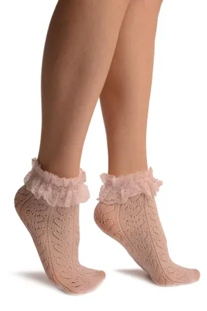 Pink Crochet Hearts And Lace Trim Top Socks Ankle High