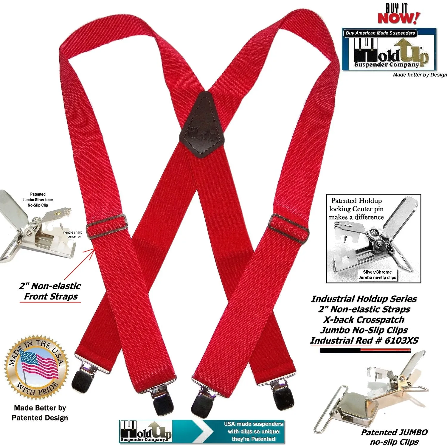 Red Industrial Series 2" Wide Holdup Work Suspenders with Jumbo Silver-tone No-slip clips