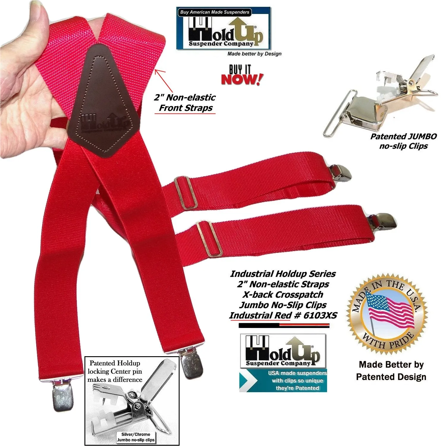 Red Industrial Series 2" Wide Holdup Work Suspenders with Jumbo Silver-tone No-slip clips