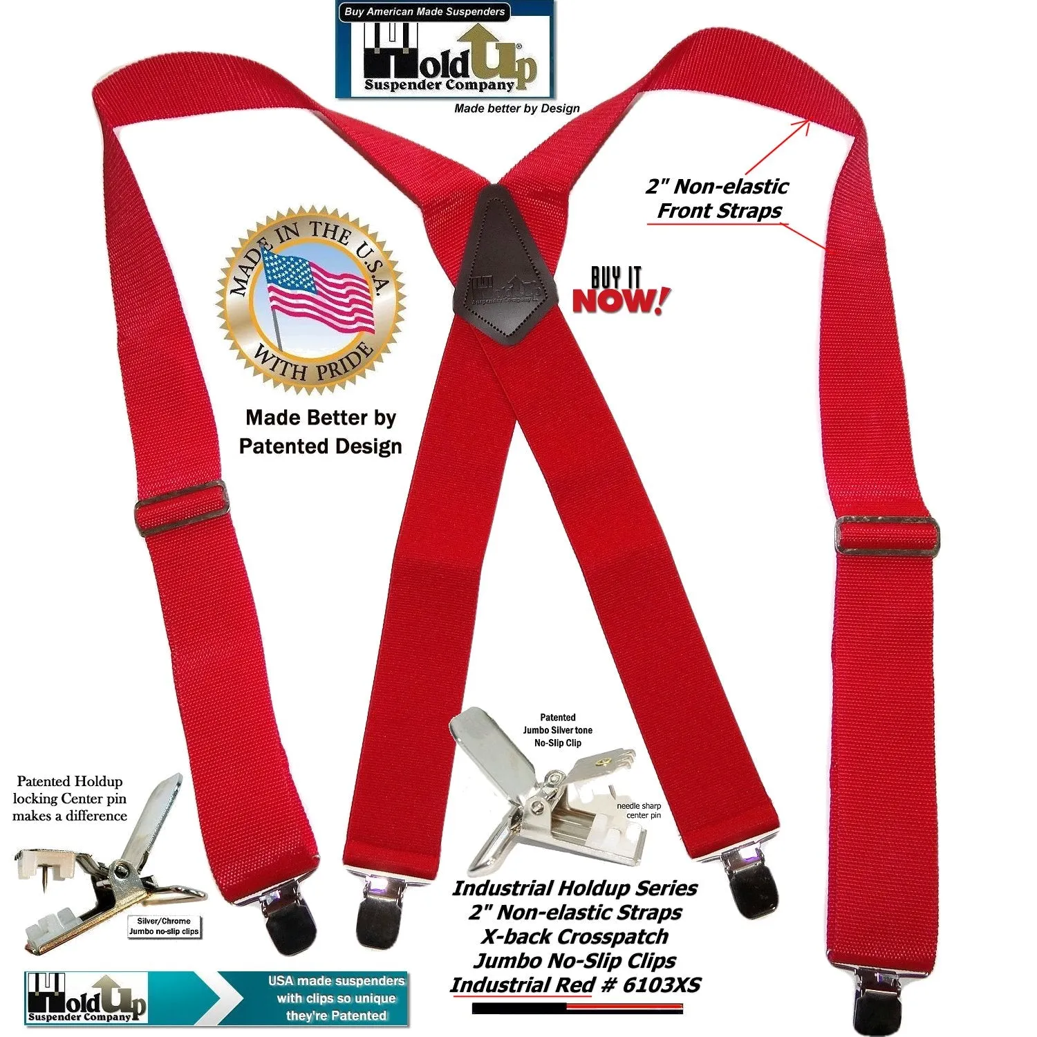 Red Industrial Series 2" Wide Holdup Work Suspenders with Jumbo Silver-tone No-slip clips