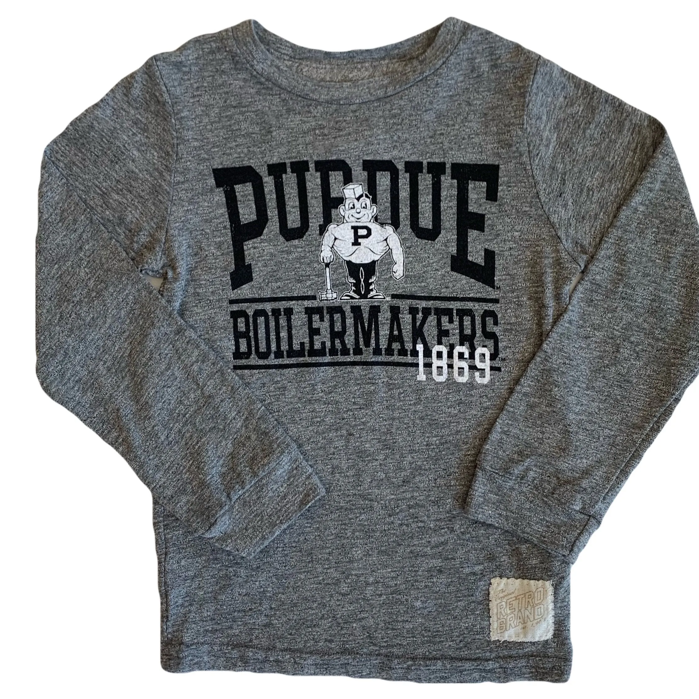 Retro Brand - Long Sleeve Purdue Boilermakers Tee in Heather Grey