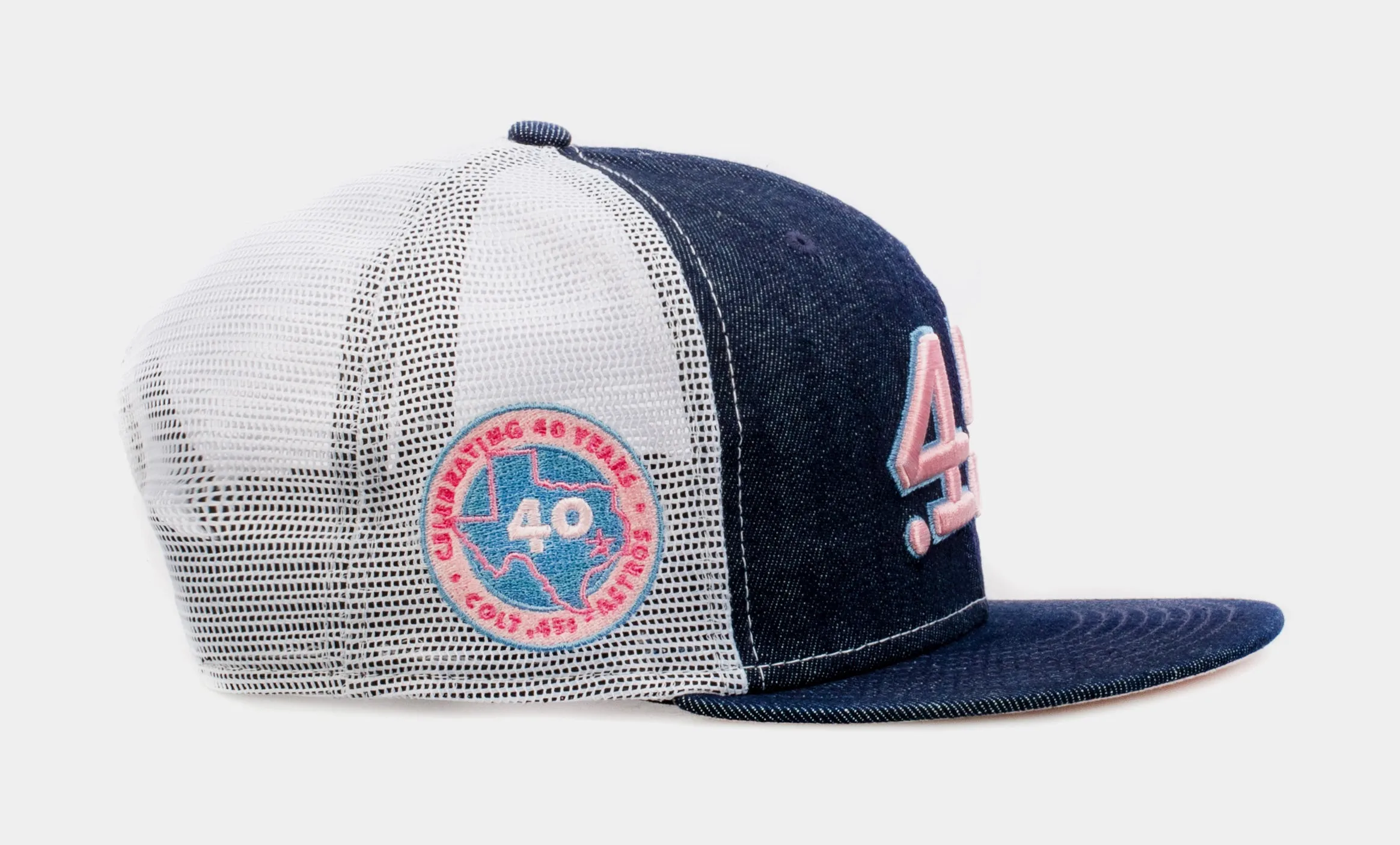 Shoe Palace Exclusive Denim Trucker Houston Colt .45s Fifty Mens Snapback Hat (Blue/Pink)