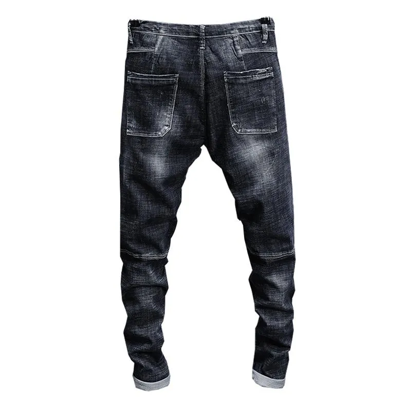 Skinny Destroyed Tapered Jeans w/ Drawstring - Dark Grey