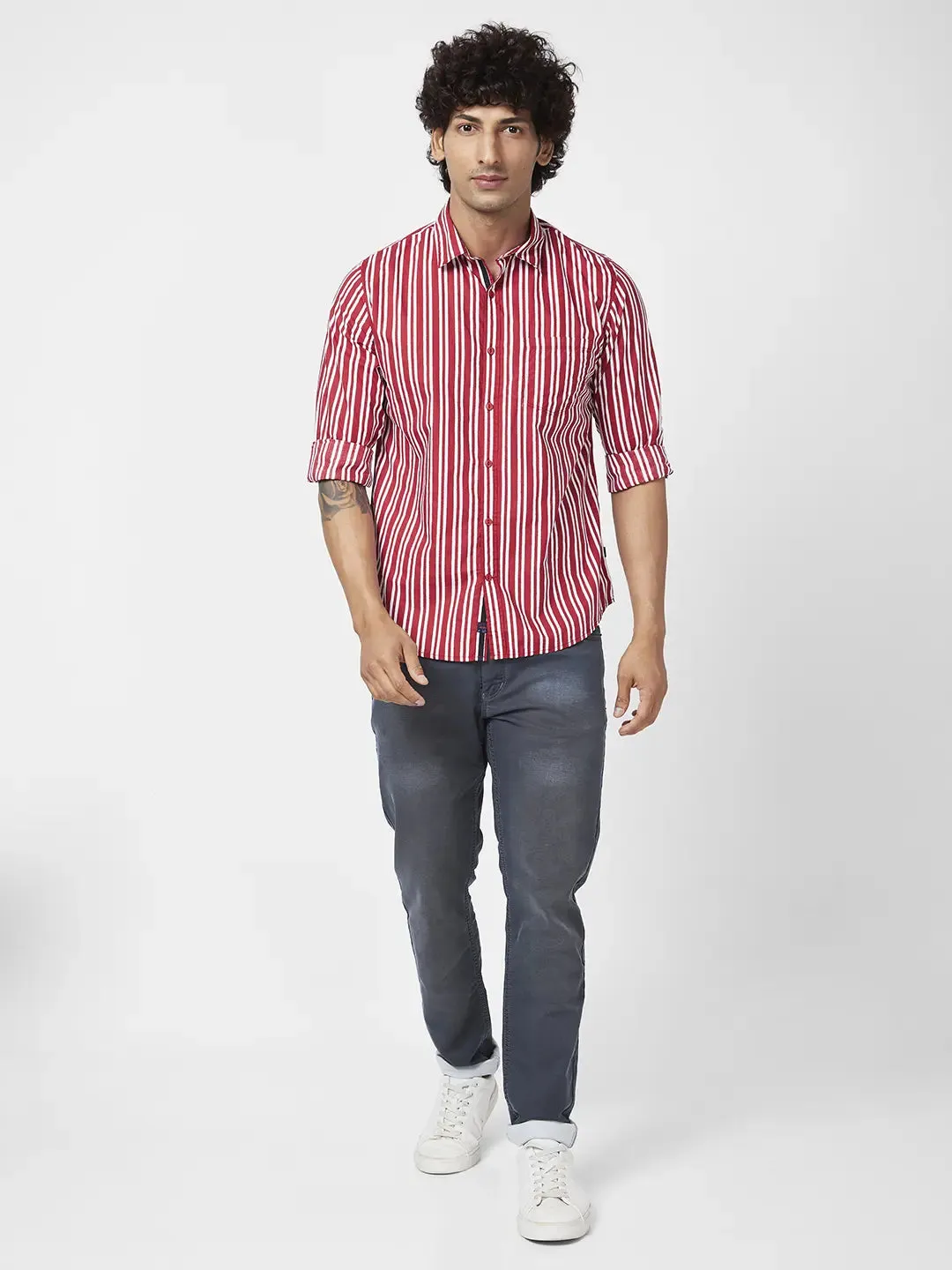 Spykar Men Brick Red Poplin Regular Slim Fit Full Sleeve Casual Striped Shirt