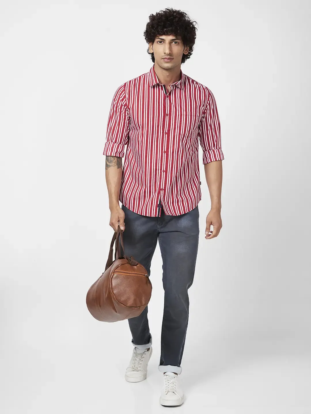 Spykar Men Brick Red Poplin Regular Slim Fit Full Sleeve Casual Striped Shirt