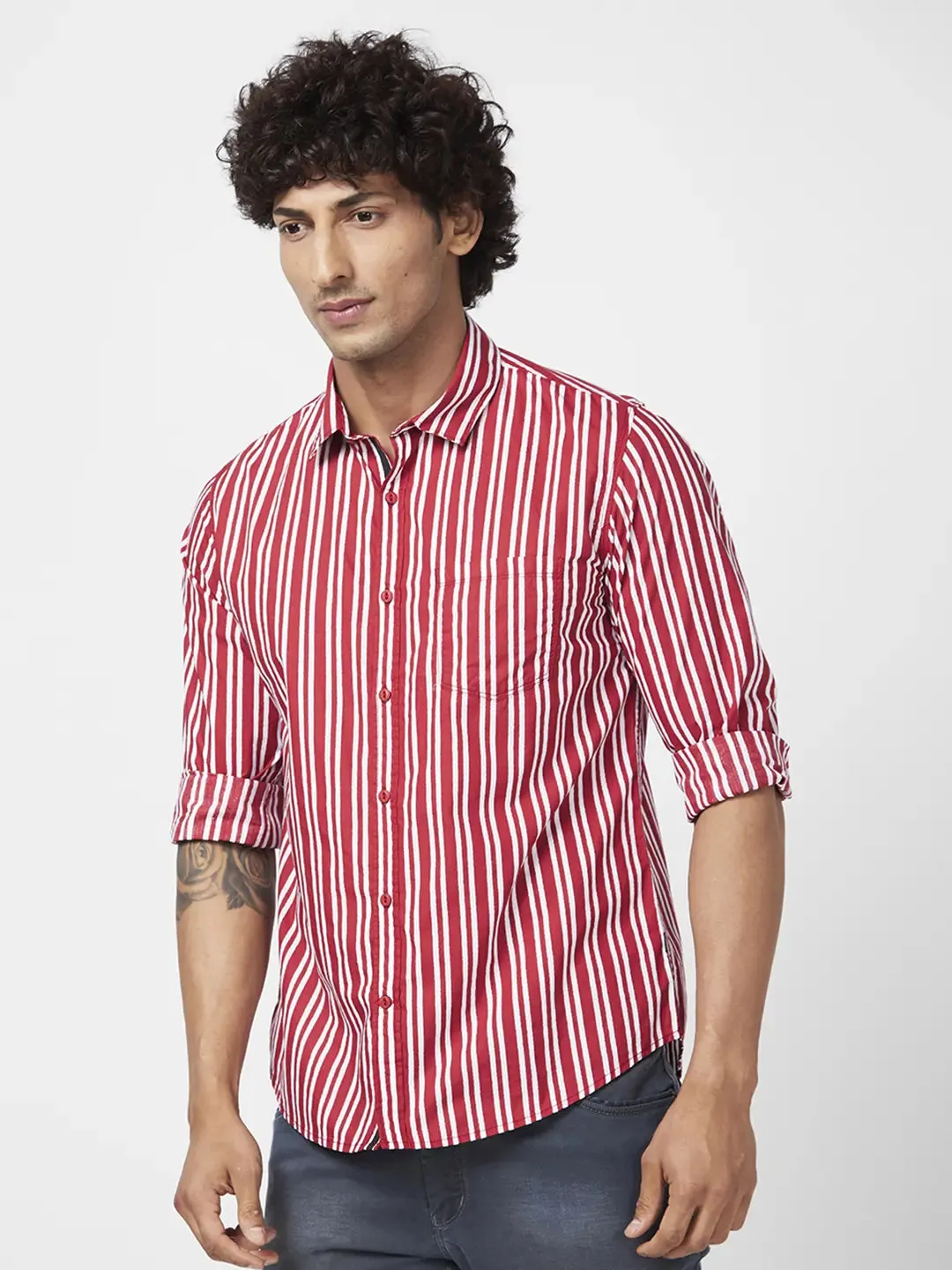 Spykar Men Brick Red Poplin Regular Slim Fit Full Sleeve Casual Striped Shirt