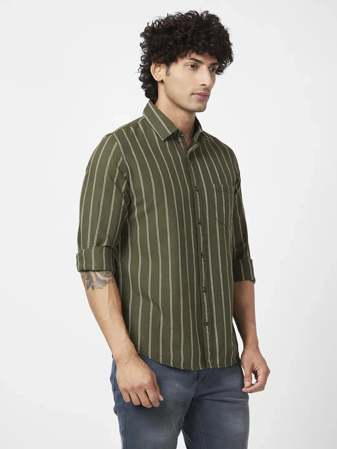 Spykar Men Rifle Green Cotton Regular Slim Fit Full Sleeve Casual Striped Shirt