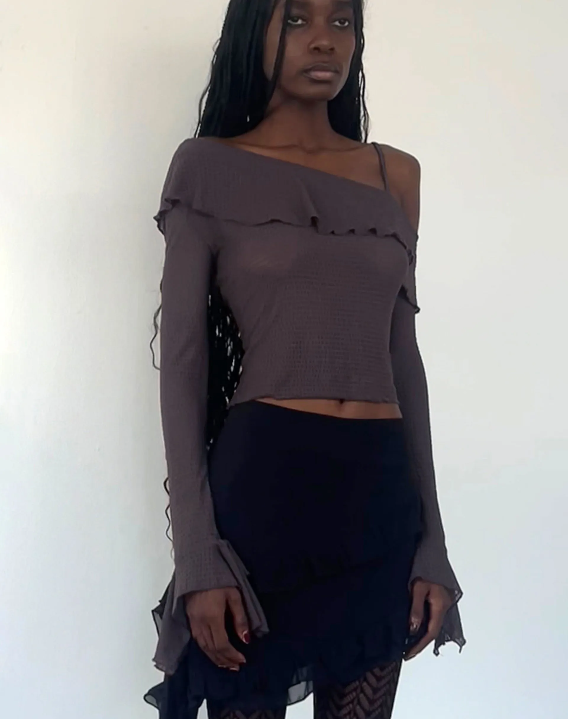 Viserra Asymmetric Long Sleeve Top in Bubble Mesh Brown