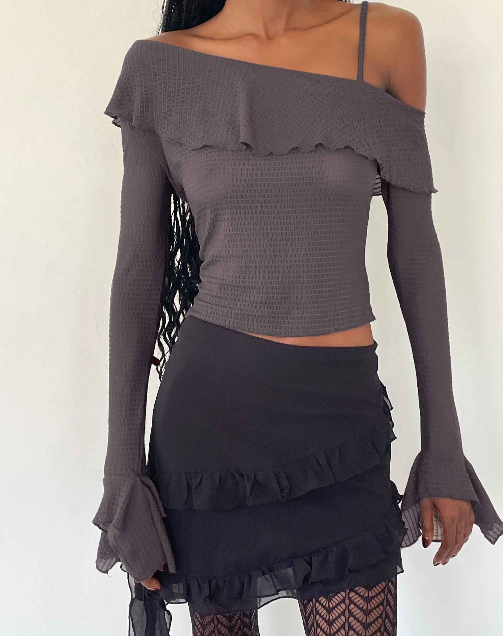 Viserra Asymmetric Long Sleeve Top in Bubble Mesh Brown