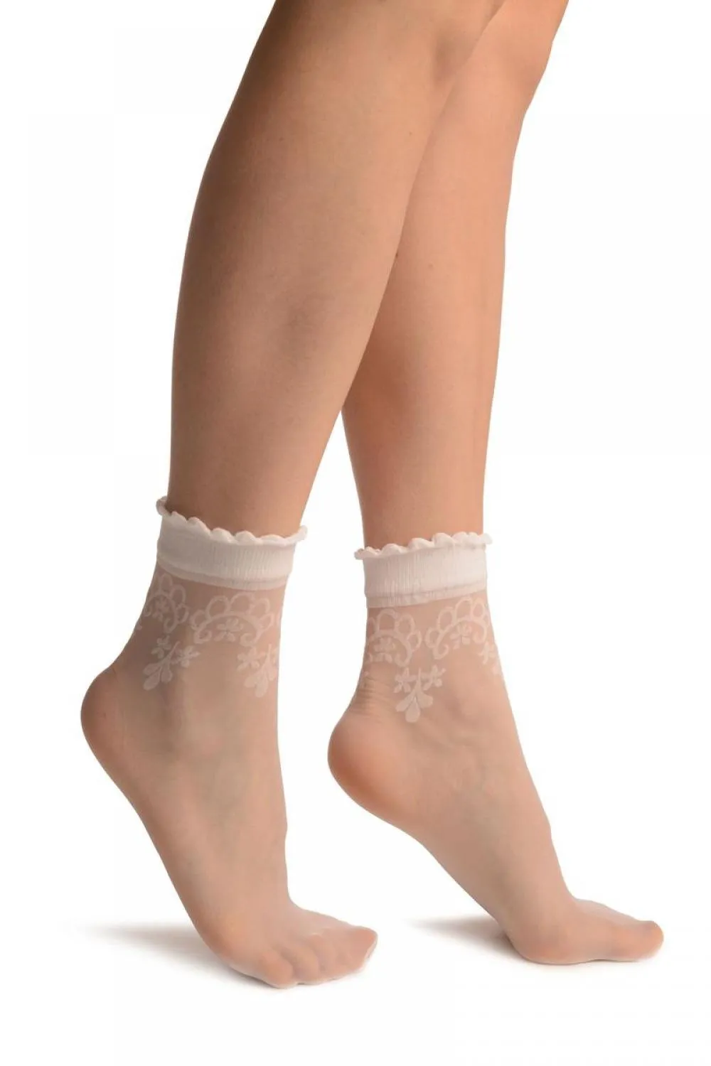 White With Large Woven Flowers Top Ankle High Socks