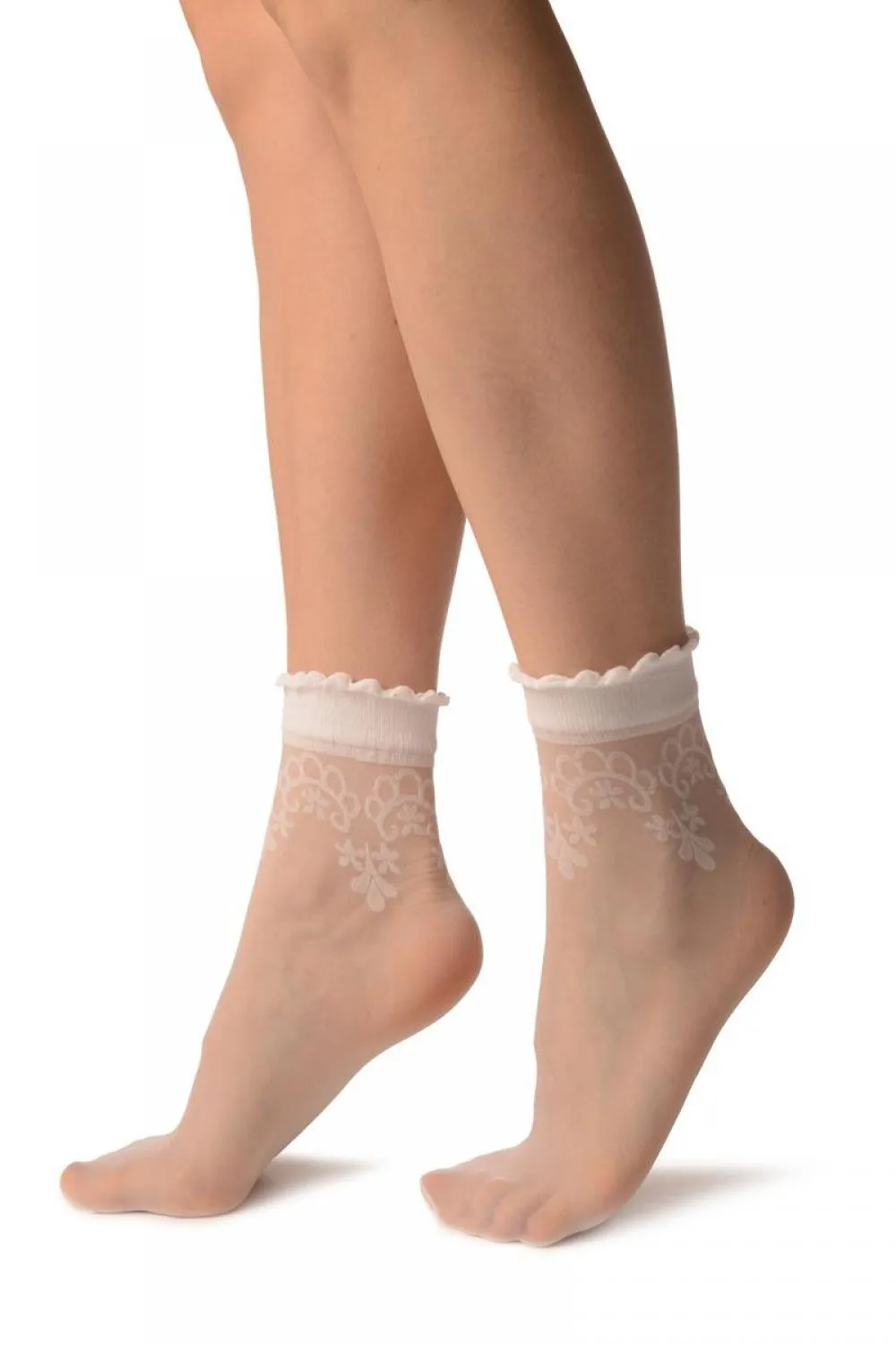 White With Large Woven Flowers Top Ankle High Socks