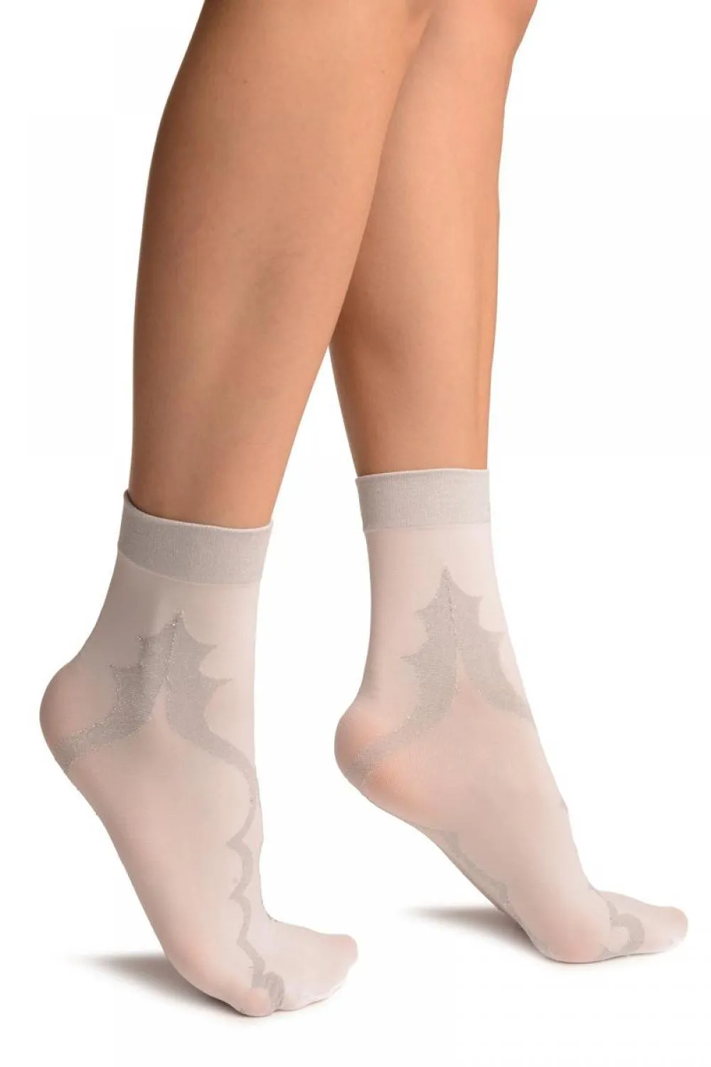 White With Persian Silver Lurex Pattern Ankle High Socks