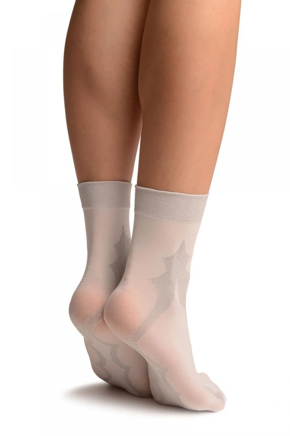 White With Persian Silver Lurex Pattern Ankle High Socks