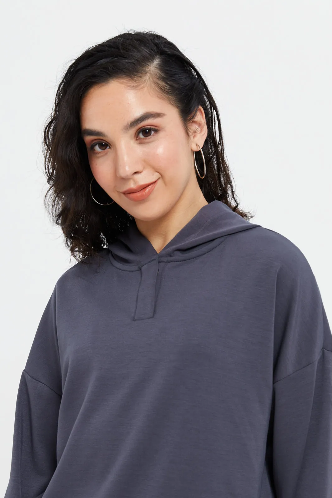 Women Charcoal Textured Long Sleeve Hooded Sweatshirt