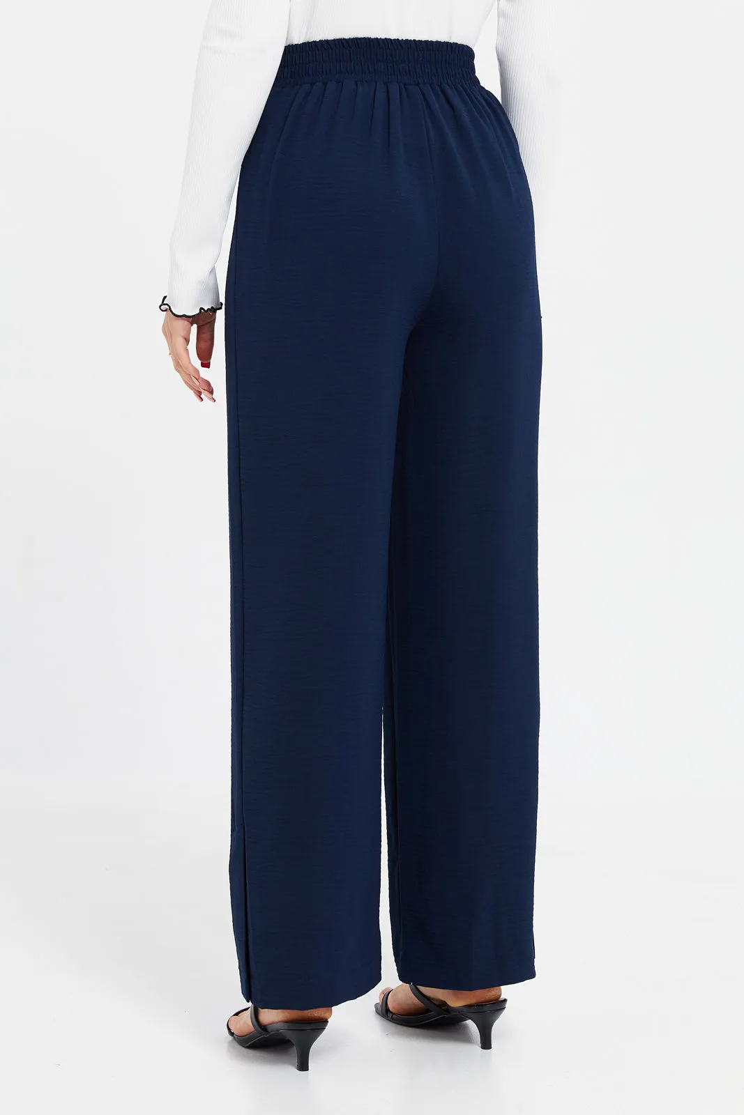 Women Navy Double Button Wide Leg Trouser