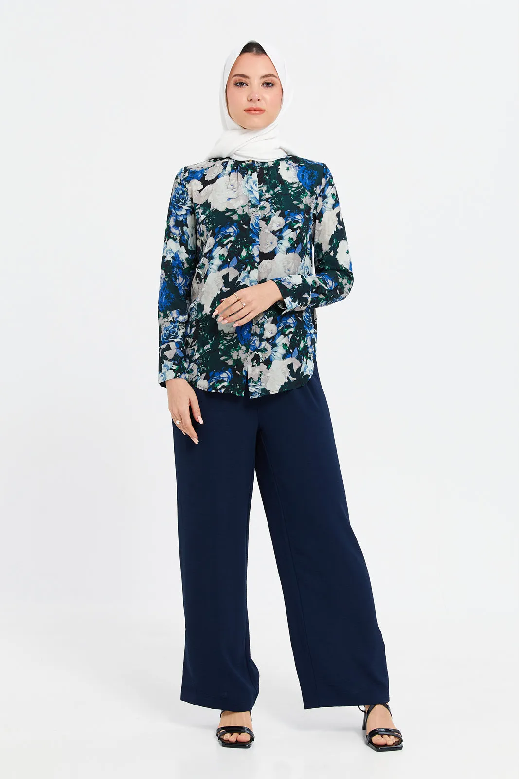 Women Navy Double Button Wide Leg Trouser