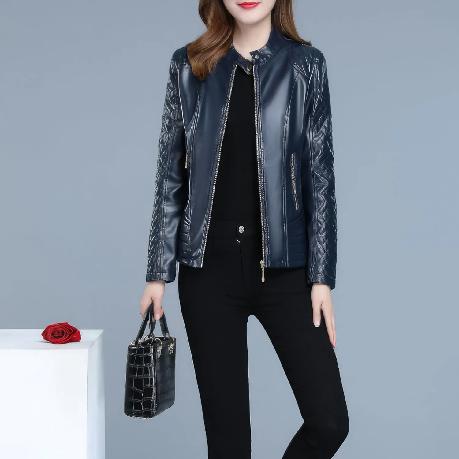 Women’s Blue Genuine Sheepskin Diamond Quilted Sleeves Smooth Lightweight Korean Fashion Slim Fit Retro Leather Jacket